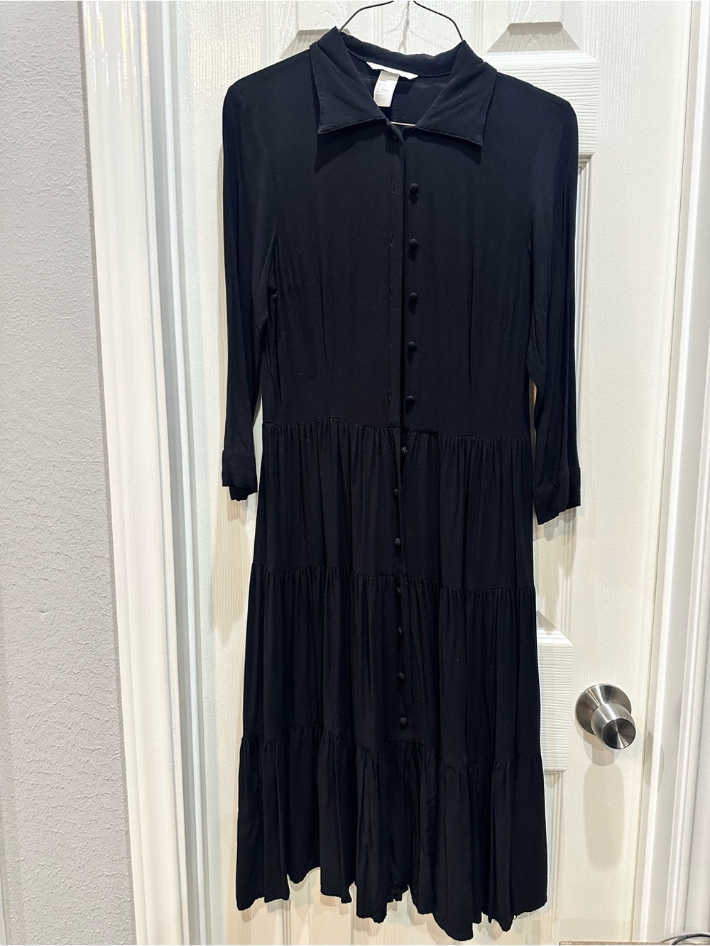 H&M Black Long-Sleeve Tiered Button-Front Dress
